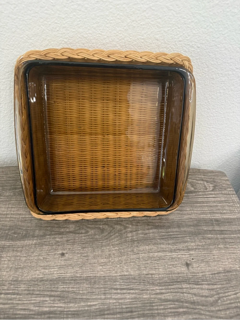PYREX Fireside Square Amber Glass Casserole Dish with woven Basket Vintage